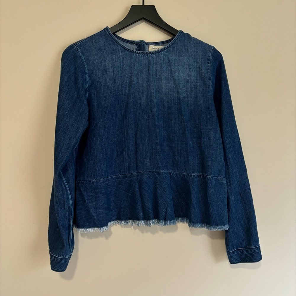 Anthropologie Cloth & Stone Denim Long Sleeve Peplum Frayed Hem Blouse